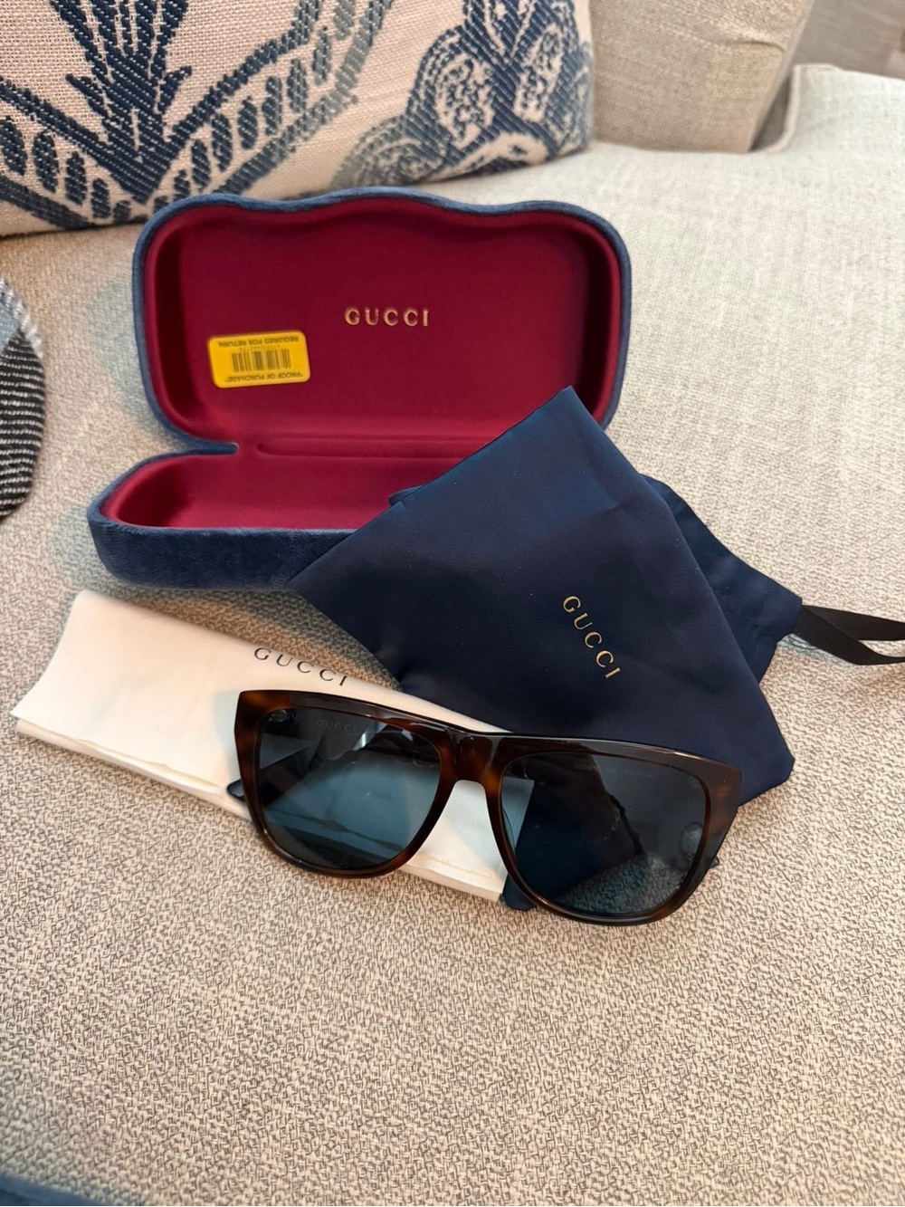 Gucci Tortoiseshell Sunglasses with Blue Lenses and Navy Case